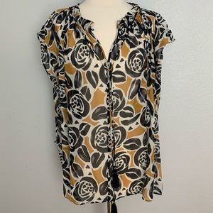 Lucky Brand Yellow Black Floral Silk Tie Blouse S